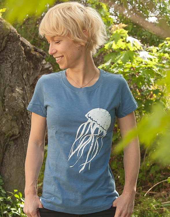 Qualle / Jellyfish - Frauen T-Shirt - Fair gehandelt aus Baumwolle Bio - Slub Blau