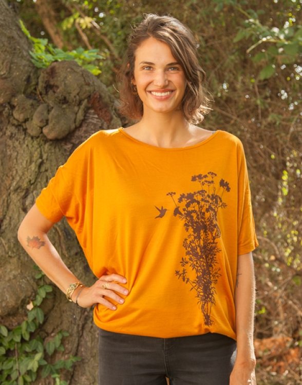 Pflanzen/Kolibri - Fair gehandeltes, kurzarm Frauen Flowshirt - Curry
