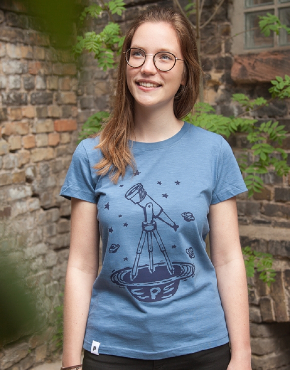 Teleskop mit Sternen - Frauen T-Shirt - Fair gehandelt aus Baumwolle Bio - Slub Blau