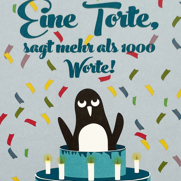 Preview: päfjes - Pinguin / Eine Torte sagt mehr als 1000 Worte - A6 Postkarte - Blau