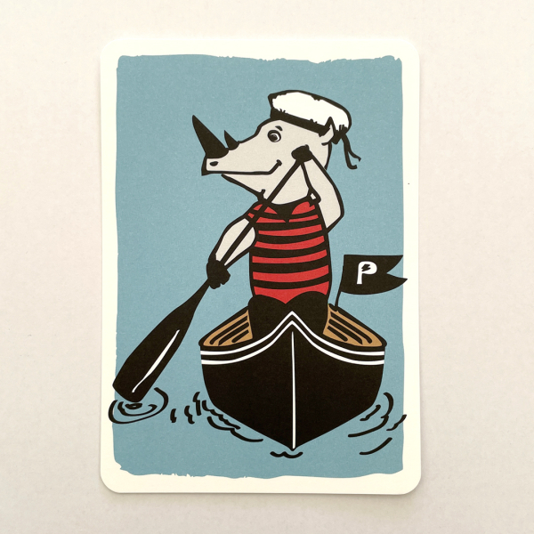 päfjes - Nils Nashorn rudert im Boot / Maritim - A6 Postkarte