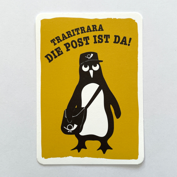päfjes - Pinguin Paul als Postbote  - A6 Postkarte - Gelb