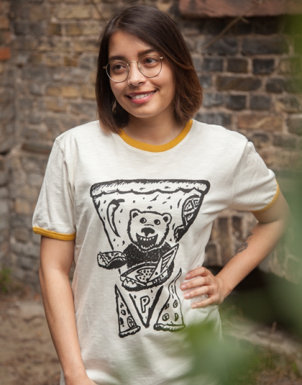 Peppo Pizza Bär - päfjes Ringer Unisex T-Shirt - Fair gehandelt aus Baumwolle (Bio) Slub