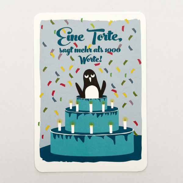 päfjes - Pinguin / Eine Torte sagt mehr als 1000 Worte - A6 Postkarte - Blau