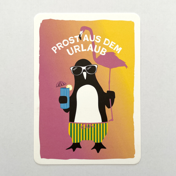 päfjes - Pinguin Paul mit Flamingos und Cocktail - Prost aus dem Urlaub - Postkarte A6